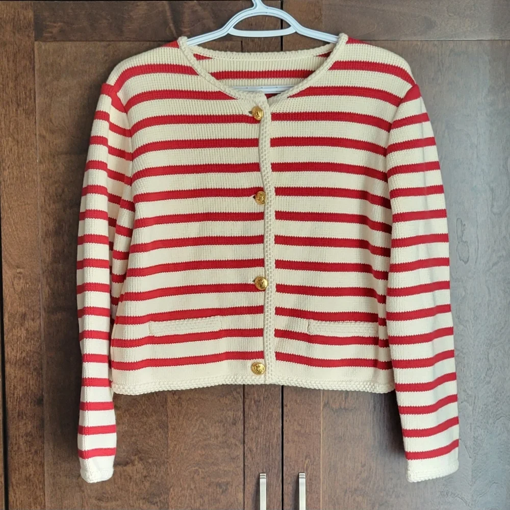100% Cotton Superb Quality Luxurious Red and White Striped Cardigan Heavy & Warm - Picture 5 of 13